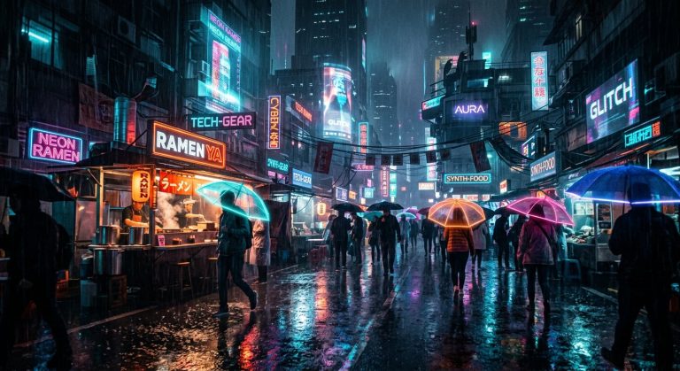 Cyberpunk Rainy Night Market AI Prompt example