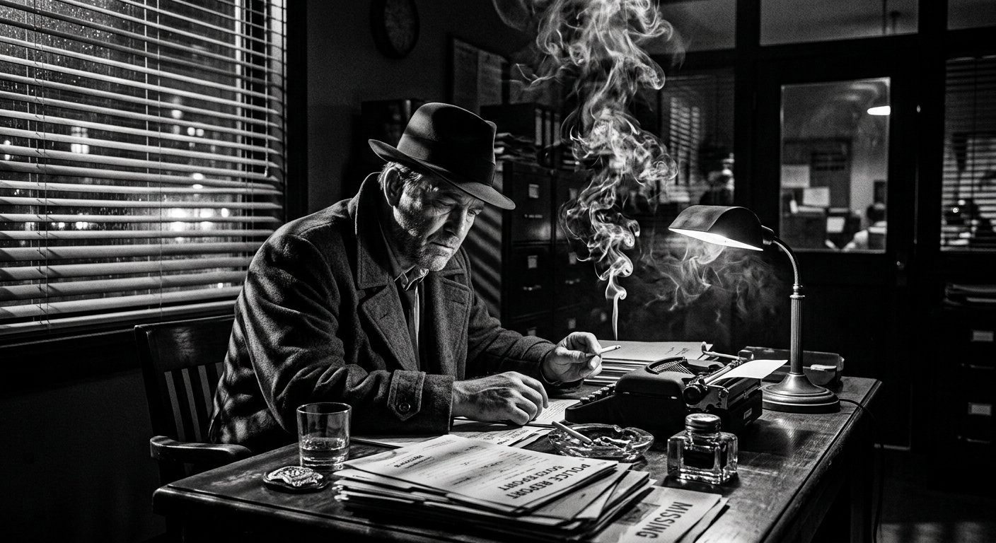 Film Noir Detective Portrait AI Prompt example