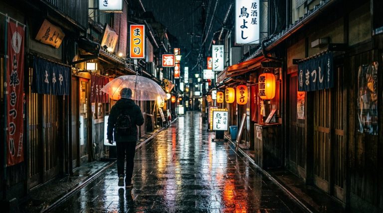 Rainy Japanese Street Travel Photography AI Prompt example