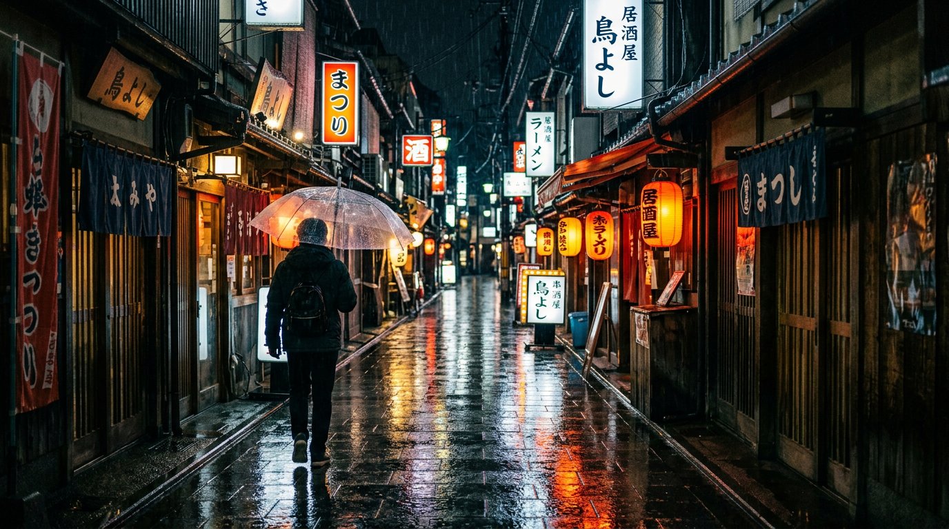 Rainy Japanese Street Travel Photography AI Prompt example