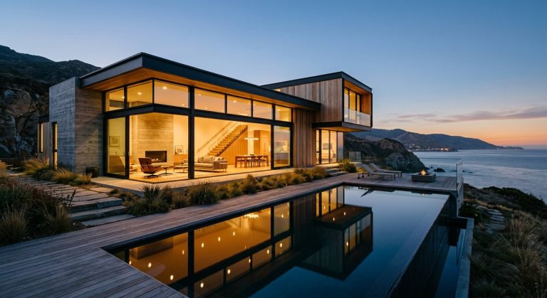 Modern Minimalist House Exterior at Dusk AI Prompt example