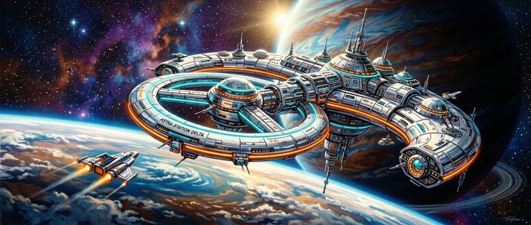 Retro Futurism Space Station AI Prompt example