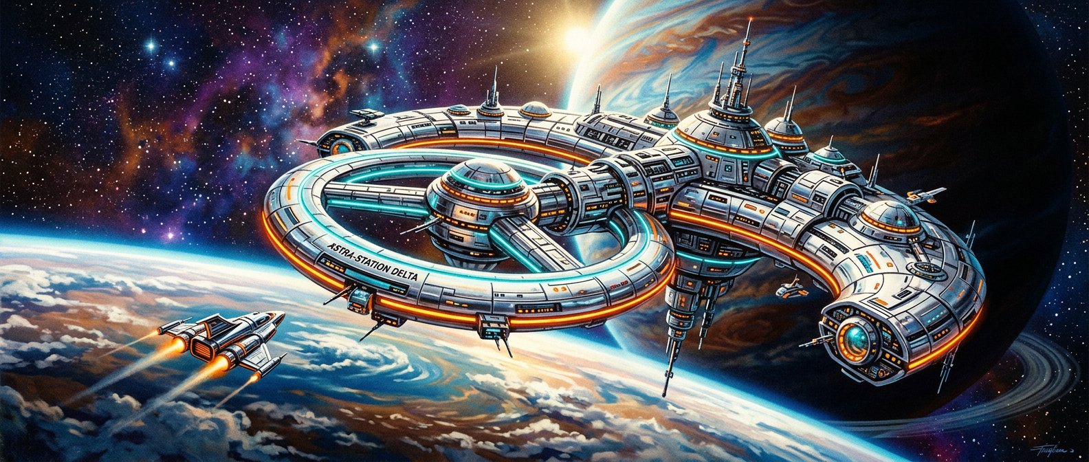 Retro Futurism Space Station AI Prompt example