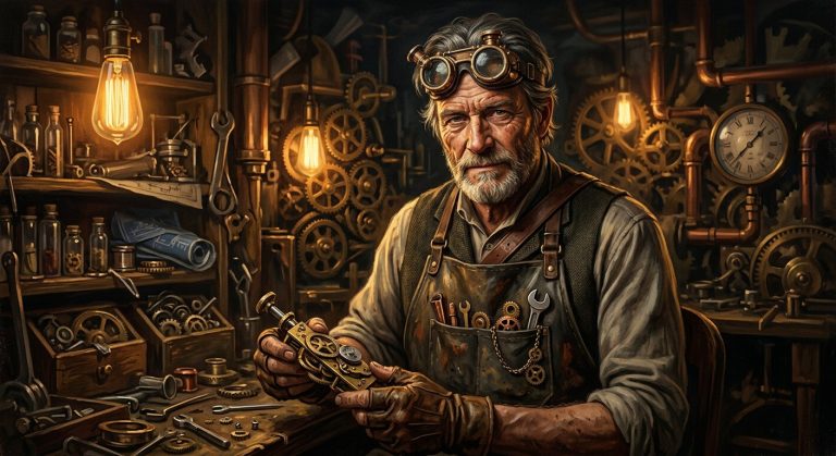 Steampunk Inventor Portrait AI Prompt example
