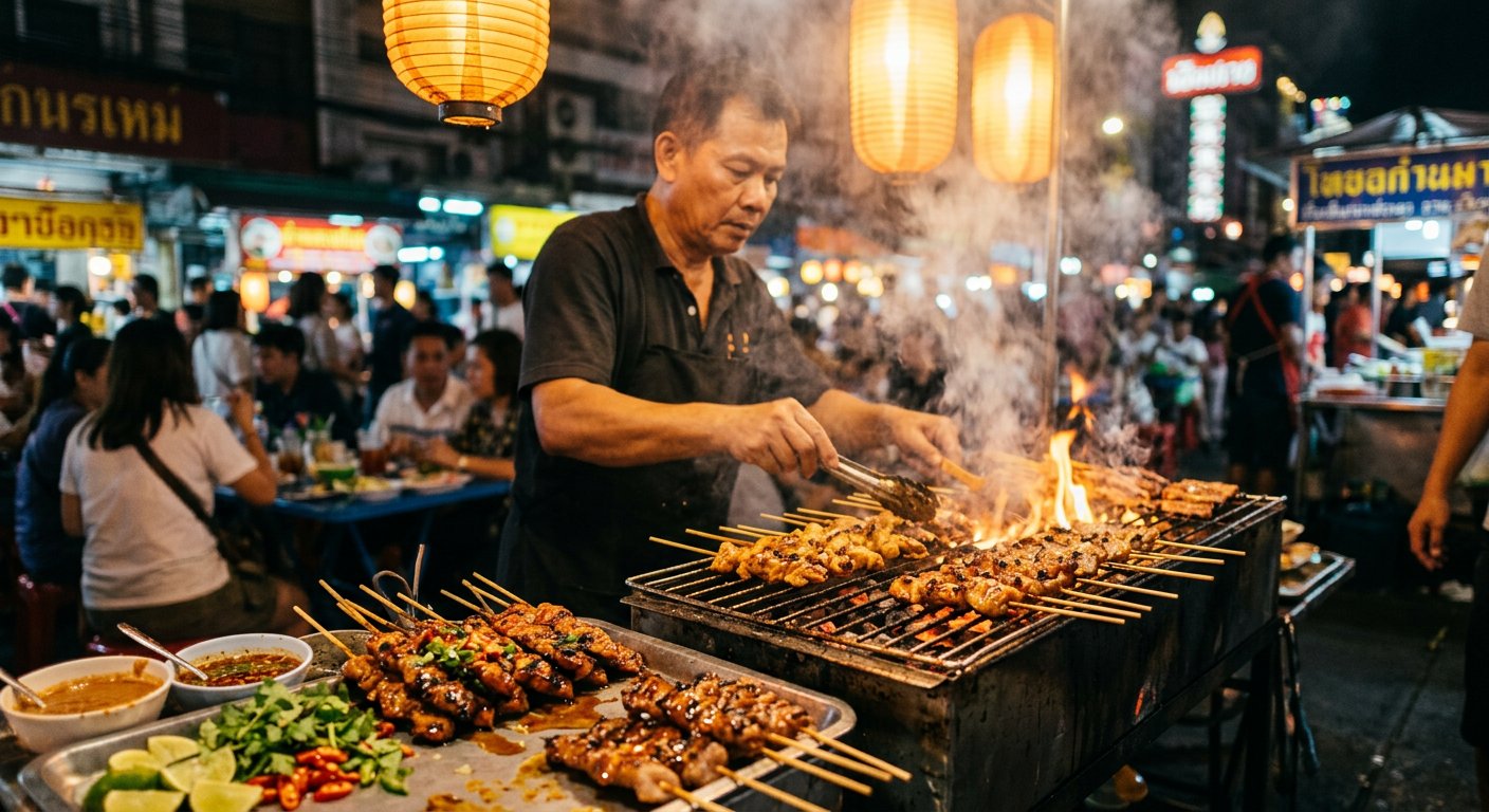 Street Food Night Market Photography AI Prompt example