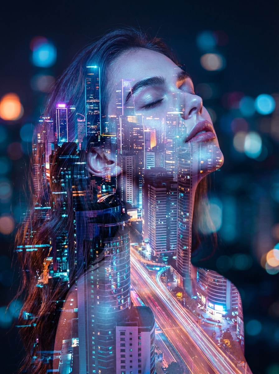 Illustrative sample of a layered cinematic portrait with city lights and double-exposure effect
