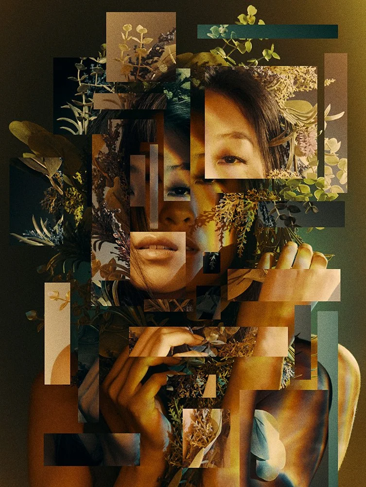 Editorial portrait reference with layered rectangular portrait fragments, botanical textures and warm golden light