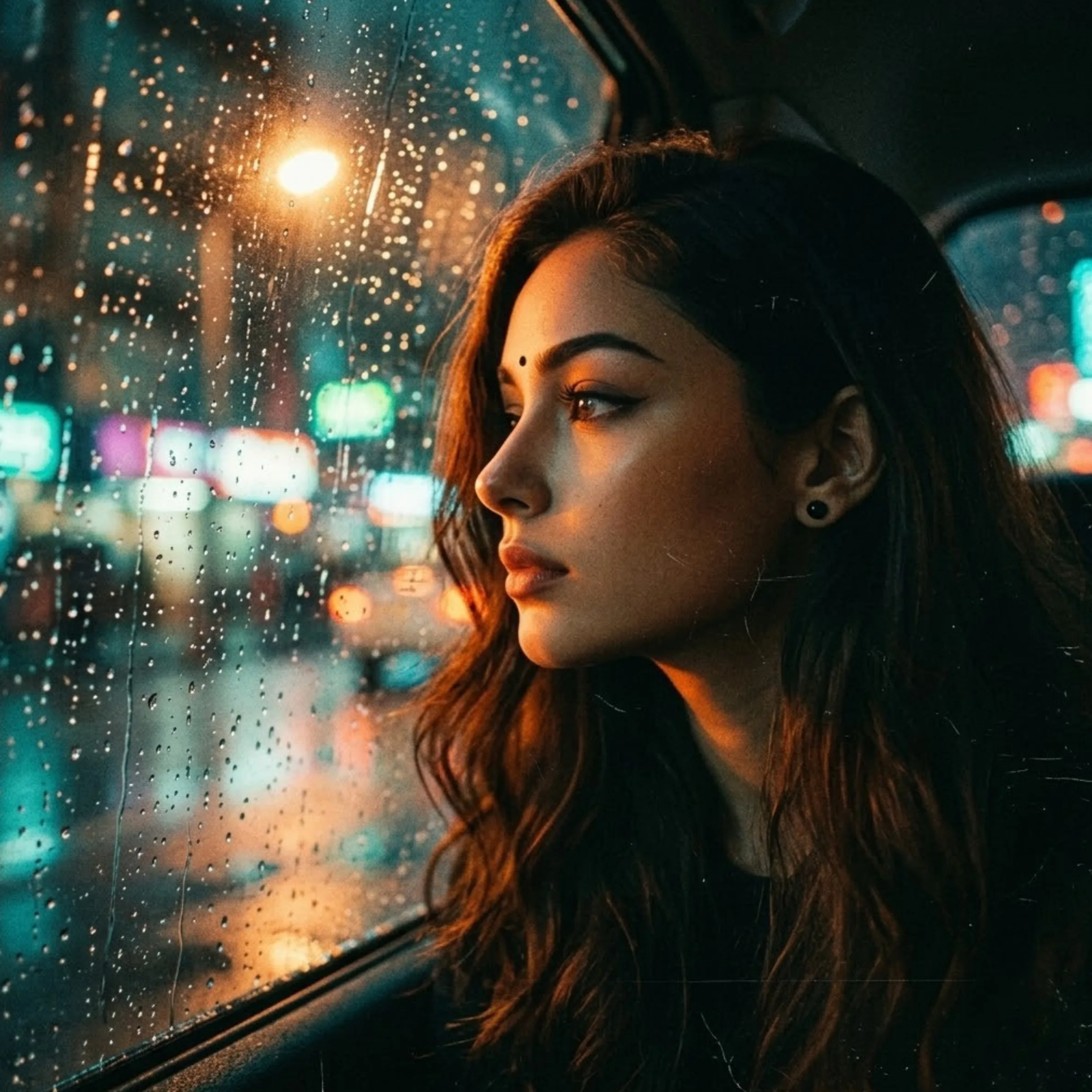 Editorial portrait behind a rain-speckled window with blurred teal and amber city lights