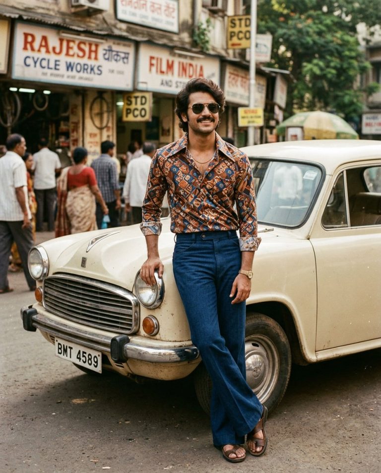 Illustrative vintage Bollywood-inspired portrait with warm cinematic lighting and muted film colors.