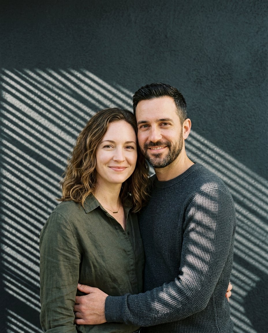 Sample cinematic couple portrait with warm evening light and a vintage film photography look